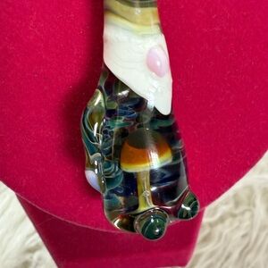 Handmade Artisan Blown Glass Gnome with Mushroom in Stomach Adjustable Necklace